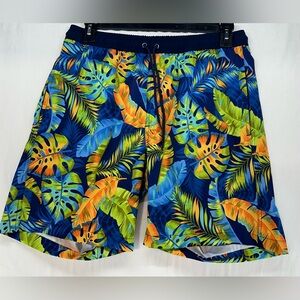Hot Coals Swim Trunks Hawaiian Leaf Print Blue Green Orange Men's Size Large